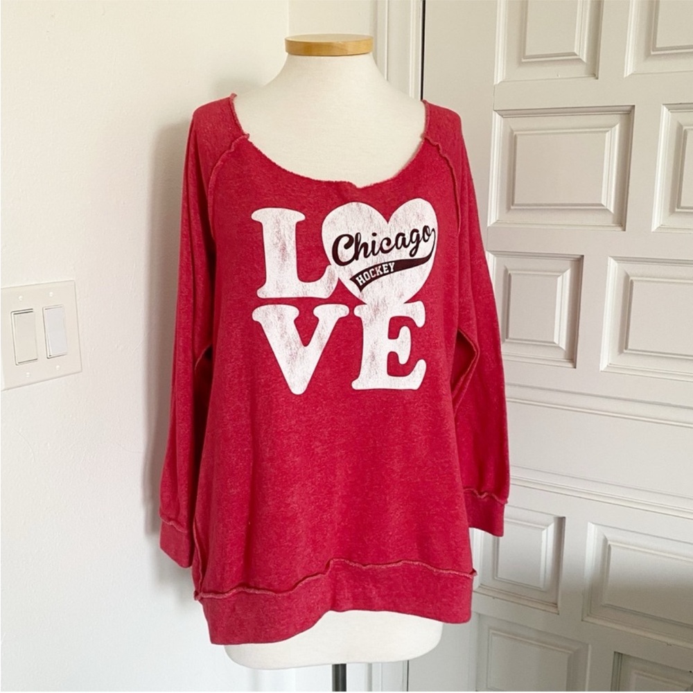 I Love Chicago Hockey Red Sweatshirt Heart Oversized Relaxed Off-the-shoulder XL